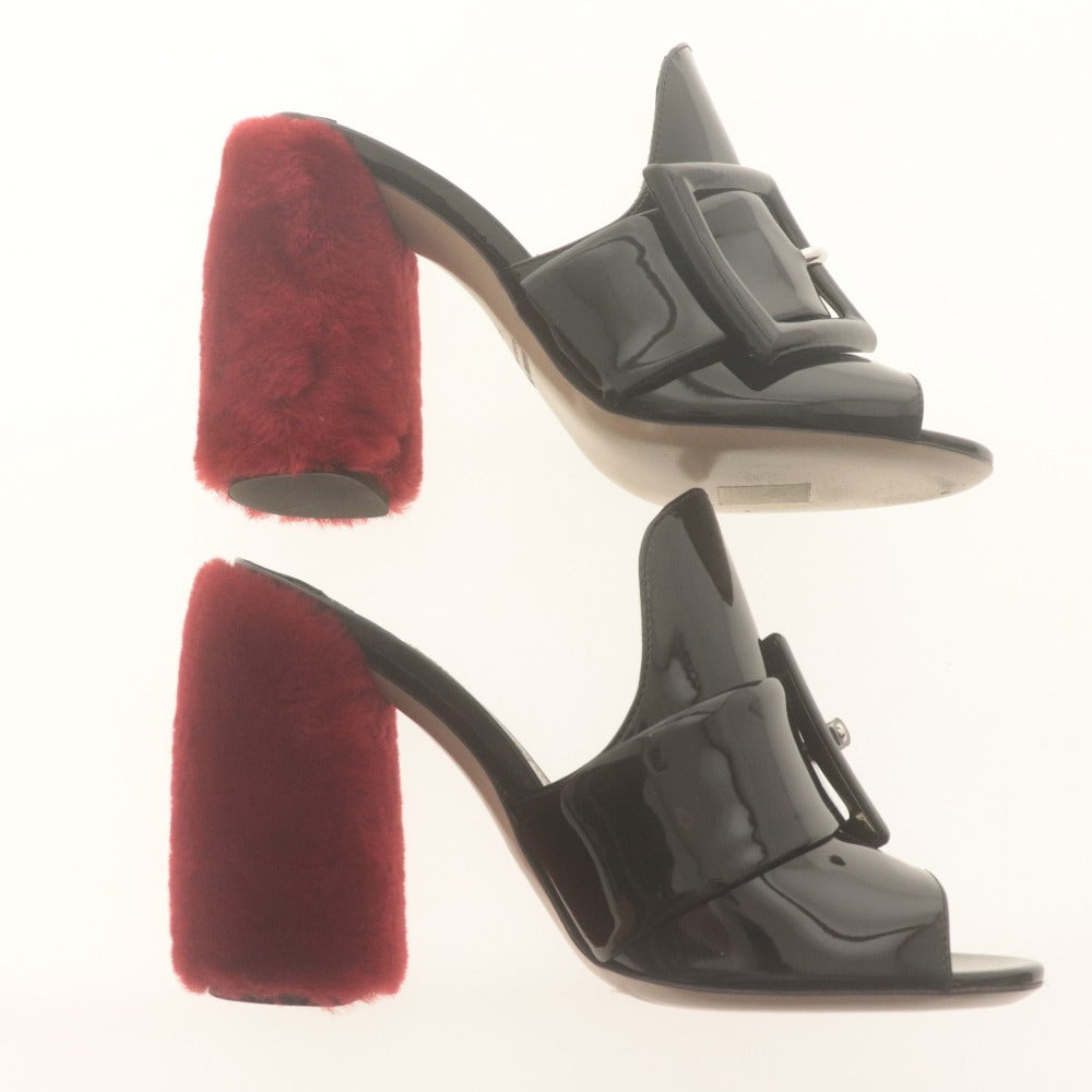 ■ MIU MIU ミュウミュウ サンダル ミュール 靴 エナメル ファー チャンキーヒール レディース 36 (23cm相当) ブラック レッド 箱付き
