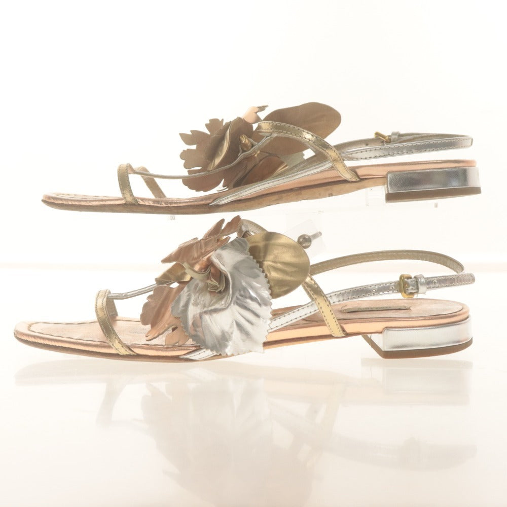■ MIU MIU ミュウミュウ フラット サンダル 靴 ストラップ フラワー レディース 36 1/2 (23.5cm相当) ピンク ゴールド シルバー 袋付き