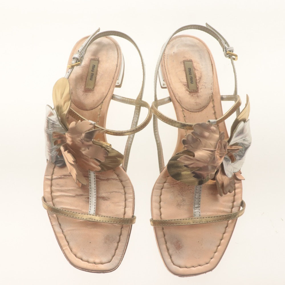 ■ MIU MIU ミュウミュウ フラット サンダル 靴 ストラップ フラワー レディース 36 1/2 (23.5cm相当) ピンク ゴールド シルバー 袋付き