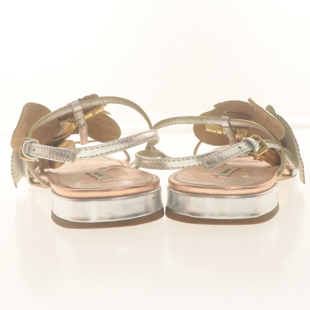 ■ MIU MIU ミュウミュウ フラット サンダル 靴 ストラップ フラワー レディース 36 1/2 (23.5cm相当) ピンク ゴールド シルバー 袋付き