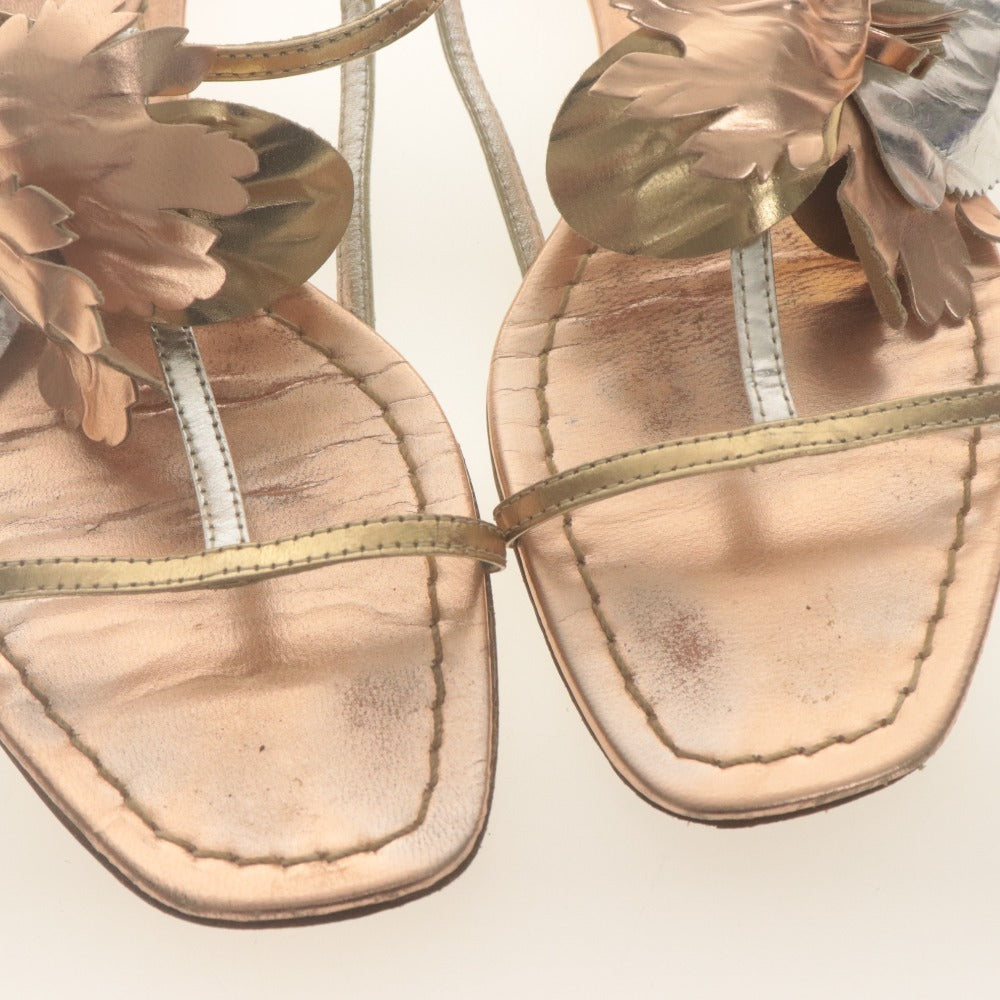 ■ MIU MIU ミュウミュウ フラット サンダル 靴 ストラップ フラワー レディース 36 1/2 (23.5cm相当) ピンク ゴールド シルバー 袋付き