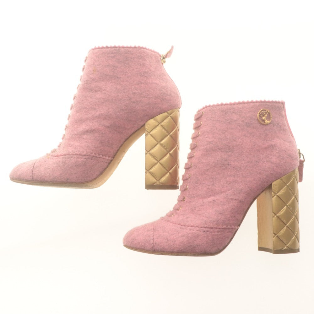 ■ CHANEL シャネル アンクルブーツ 靴 フェルト キルティングヒール レディース 37 (23.5～24.0cm相当) ピンク系 ゴールド 付属品付き