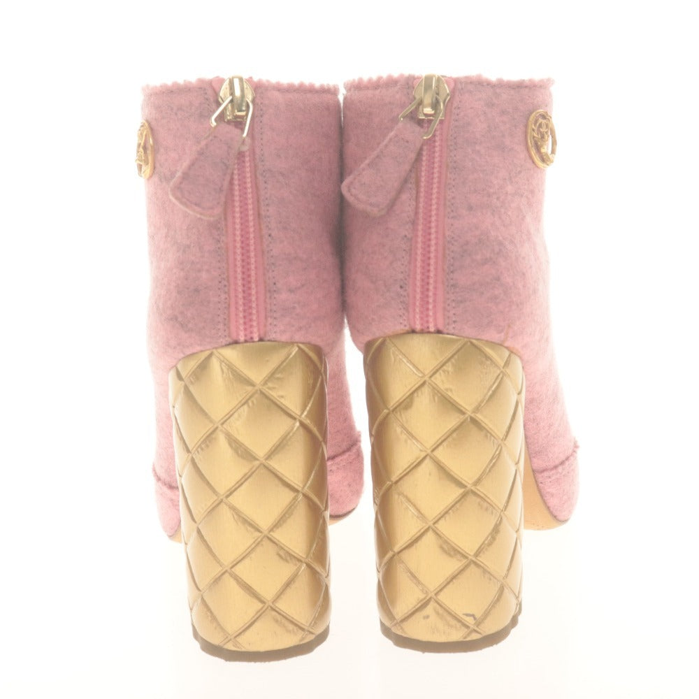 ■ CHANEL シャネル アンクルブーツ 靴 フェルト キルティングヒール レディース 37 (23.5～24.0cm相当) ピンク系 ゴールド 付属品付き