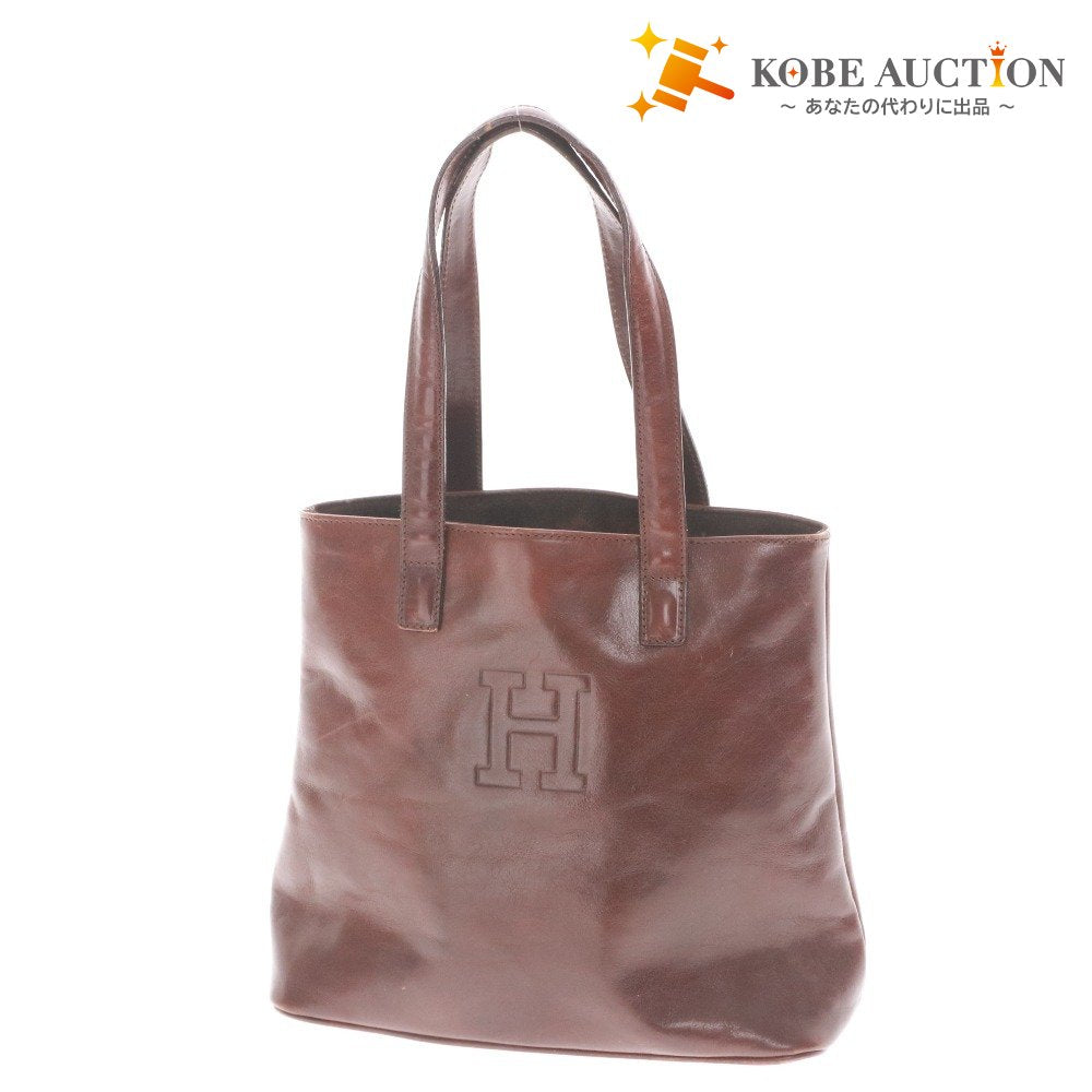 ■ HIROFU Tote Bag, Handbag, Leather, H Logo Embossed, Women's, Reddish Brown