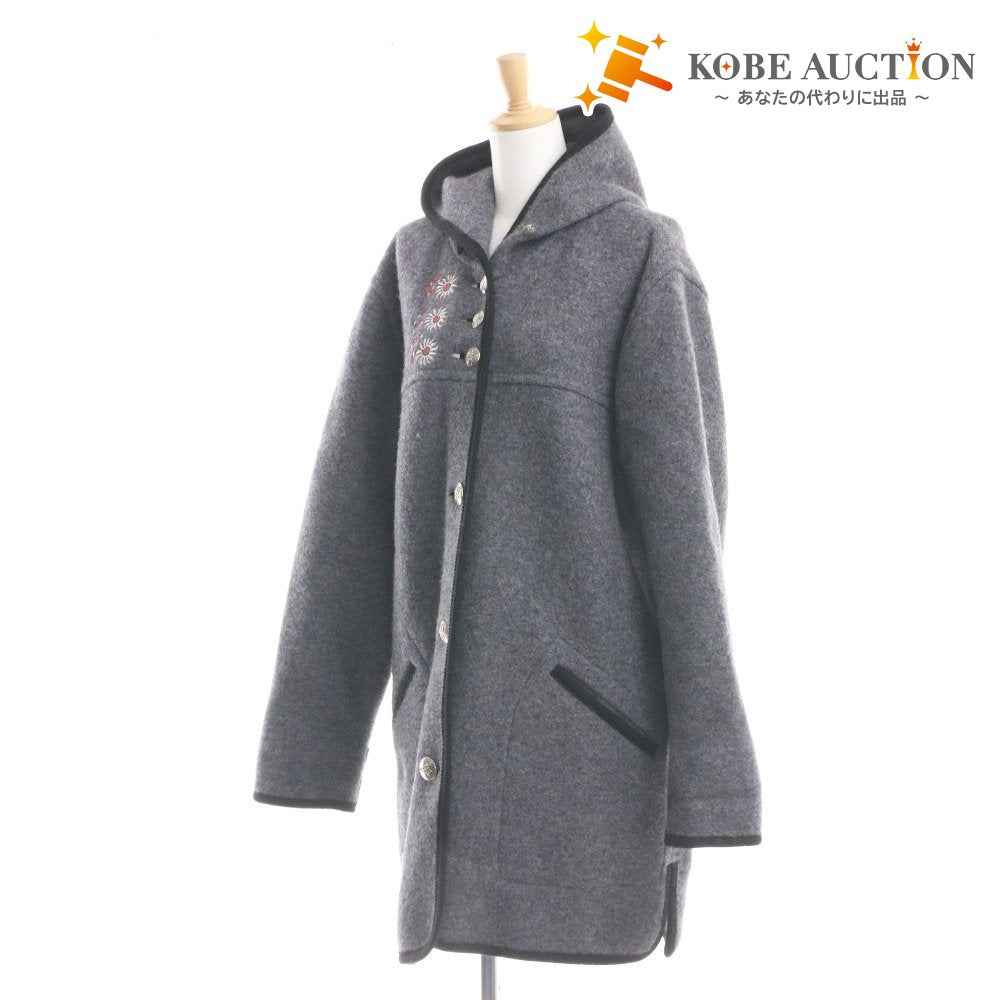 LLBean Long Pure New Wool Coat with Hood, Piping, Embroidered Buttons, Women's, Gray, Size M