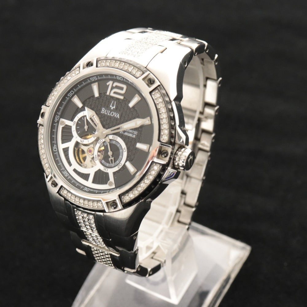 Bulova Watch 98A128, Skeleton Back, Automatic, 192.0g, Men's, Silver Dial, Black, Accessories Included