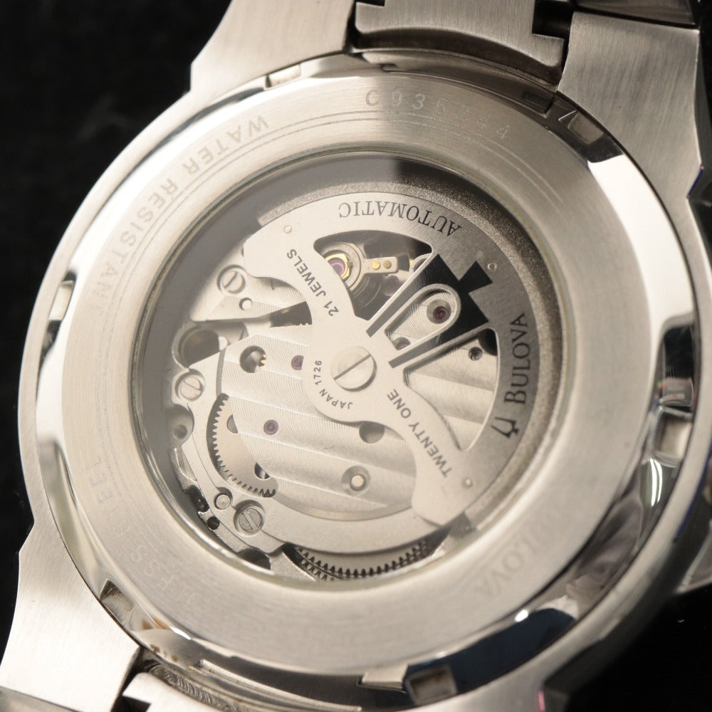 Bulova Watch 98A128, Skeleton Back, Automatic, 192.0g, Men's, Silver Dial, Black, Accessories Included