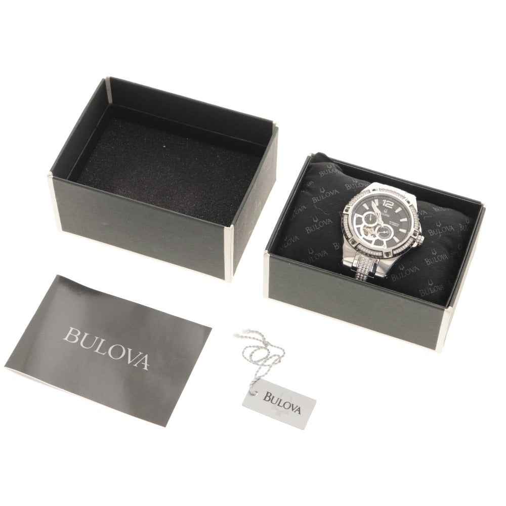 Bulova Watch 98A128, Skeleton Back, Automatic, 192.0g, Men's, Silver Dial, Black, Accessories Included