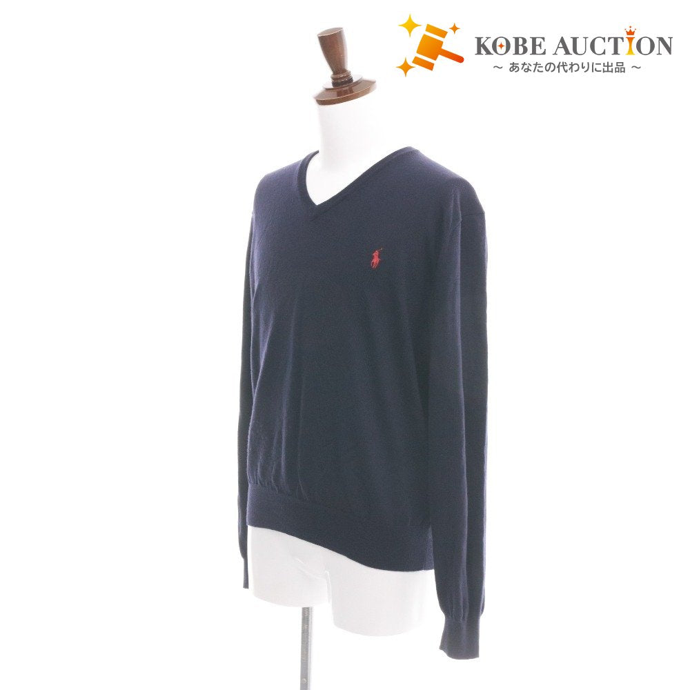 ■ POLO RALPH LAUREN ラルフローレン セーター 長袖 Vネック トップス 無地 ワンポイント メンズ レディース XL ネイビー系