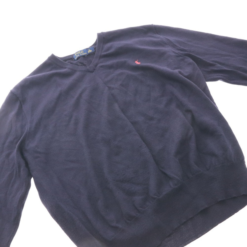 ■ POLO RALPH LAUREN ラルフローレン セーター 長袖 Vネック トップス 無地 ワンポイント メンズ レディース XL ネイビー系