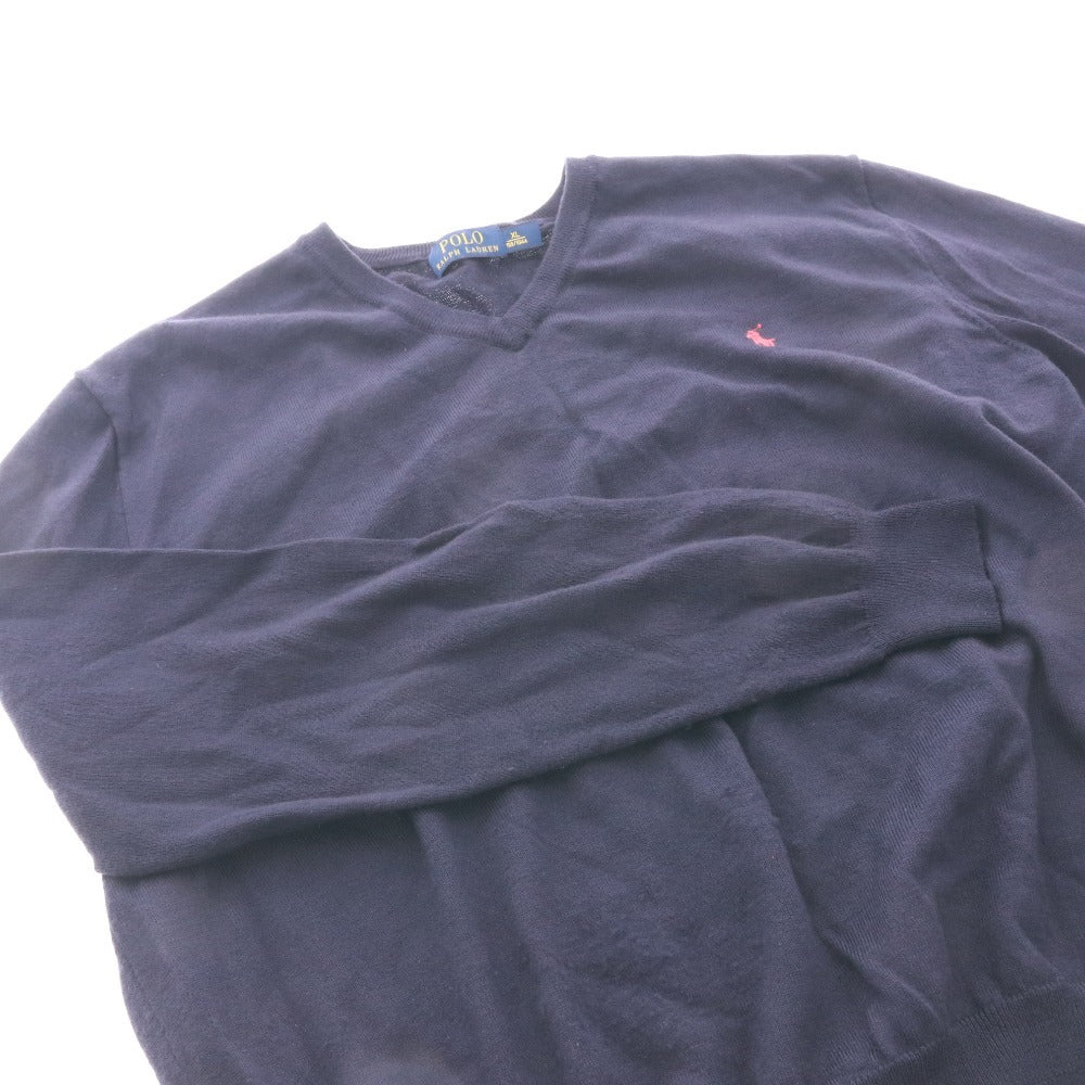 ■ POLO RALPH LAUREN ラルフローレン セーター 長袖 Vネック トップス 無地 ワンポイント メンズ レディース XL ネイビー系