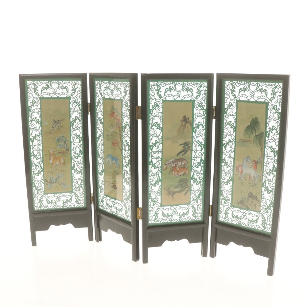 ■ 中国工芸 ミニ屏風 戒尺 2点セット まとめ売り ガラス張り 馬 鳥 花柄 定規46cm 孫子兵法 付属品付き