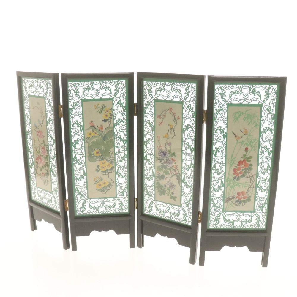 ■ 中国工芸 ミニ屏風 戒尺 2点セット まとめ売り ガラス張り 馬 鳥 花柄 定規46cm 孫子兵法 付属品付き