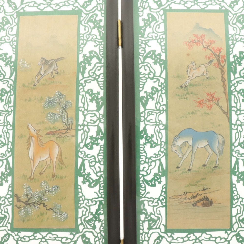 ■ 中国工芸 ミニ屏風 戒尺 2点セット まとめ売り ガラス張り 馬 鳥 花柄 定規46cm 孫子兵法 付属品付き