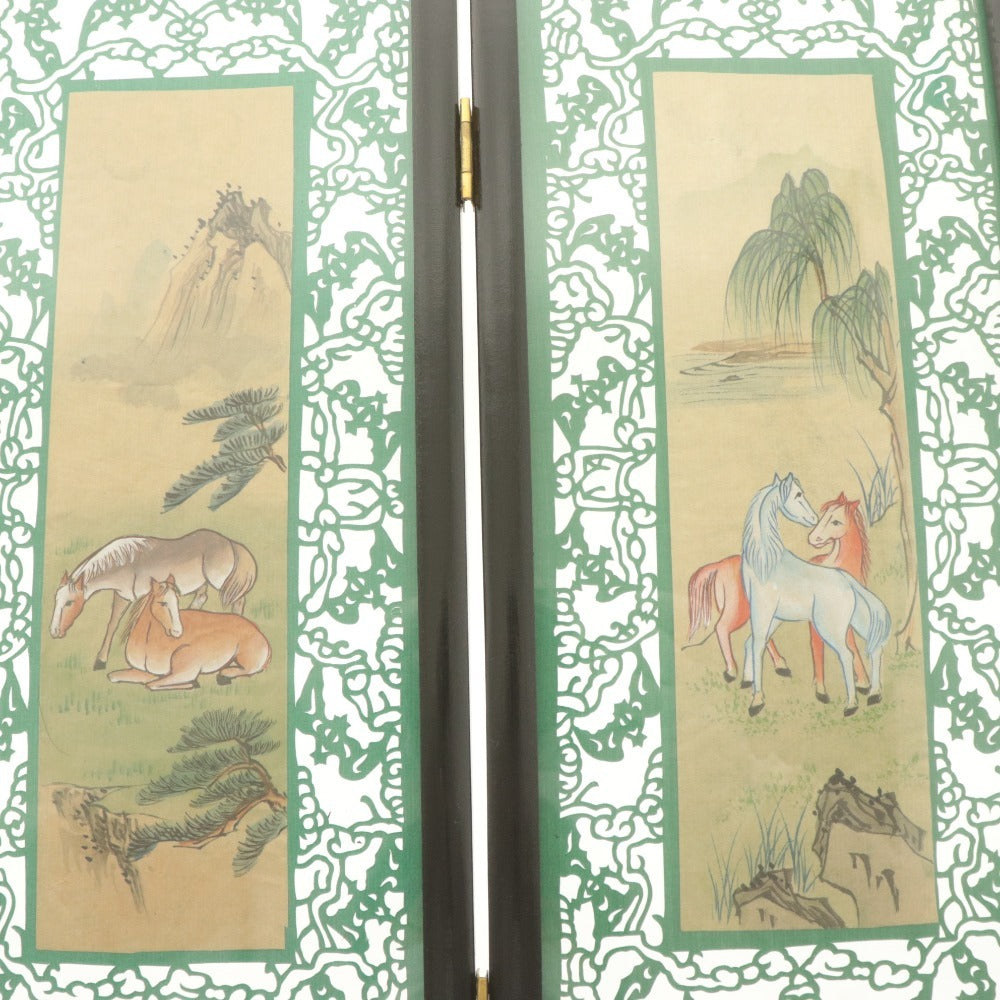 ■ 中国工芸 ミニ屏風 戒尺 2点セット まとめ売り ガラス張り 馬 鳥 花柄 定規46cm 孫子兵法 付属品付き