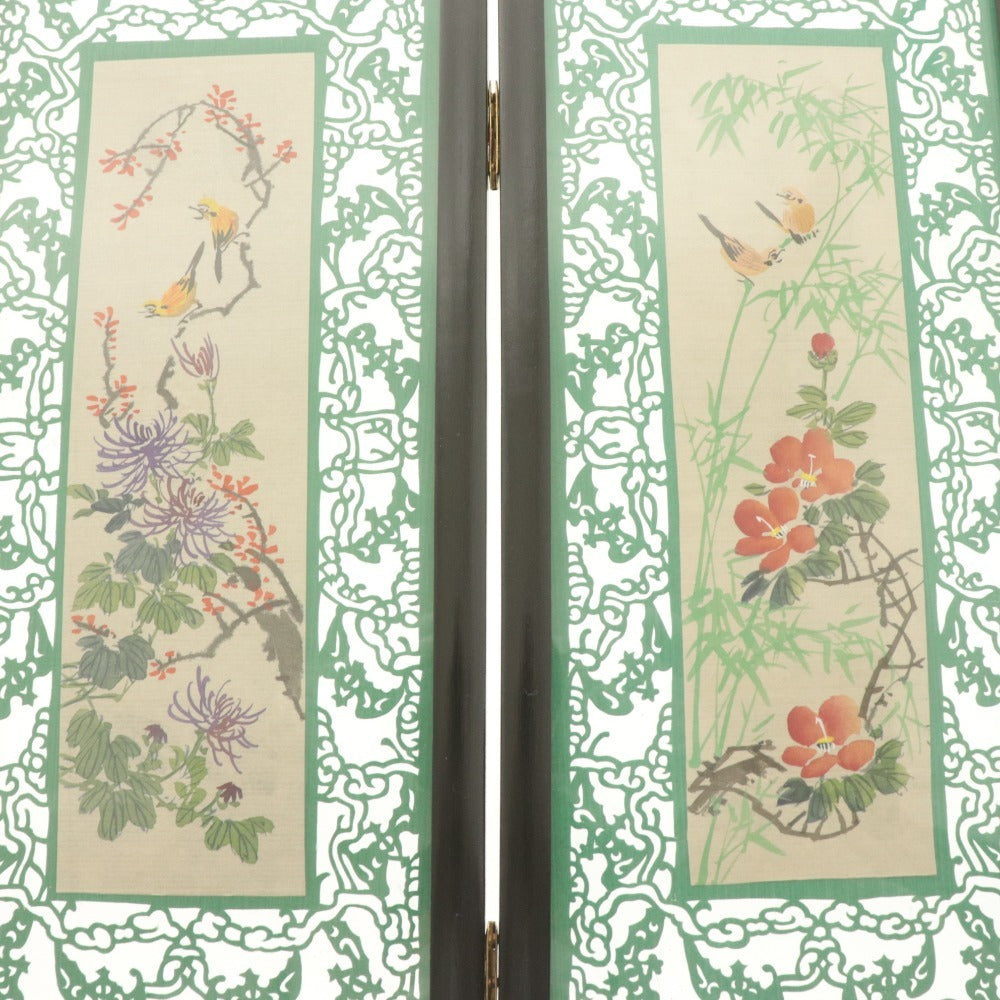 ■ 中国工芸 ミニ屏風 戒尺 2点セット まとめ売り ガラス張り 馬 鳥 花柄 定規46cm 孫子兵法 付属品付き