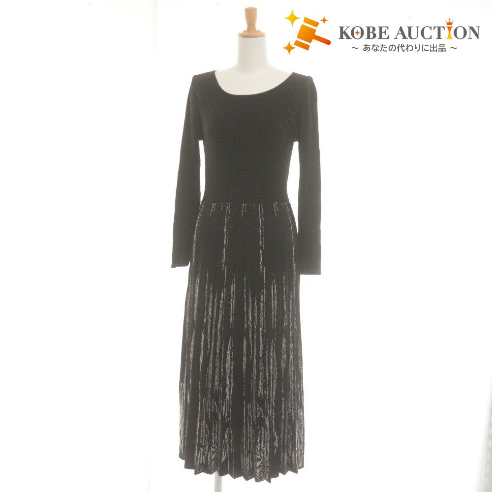 ■ バーニーズ・ニューヨーク ロングワンピース ニット 長袖 トップス 総柄 日本製 レディース 38 (M相当) ブラック ホワイト 白黒