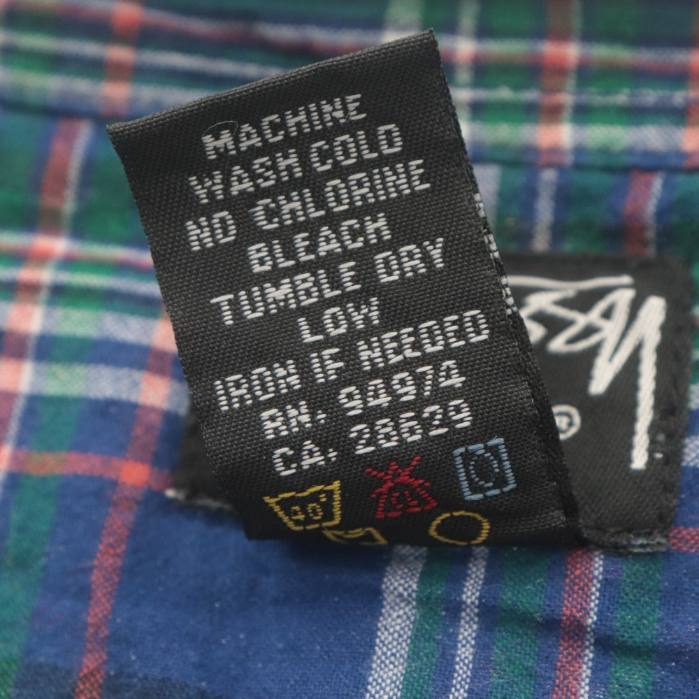 ■ STUSSY ステューシー チェックシャツ 長袖 トップス コットン 刺繍 胸ポケット メンズ XL ブルー系