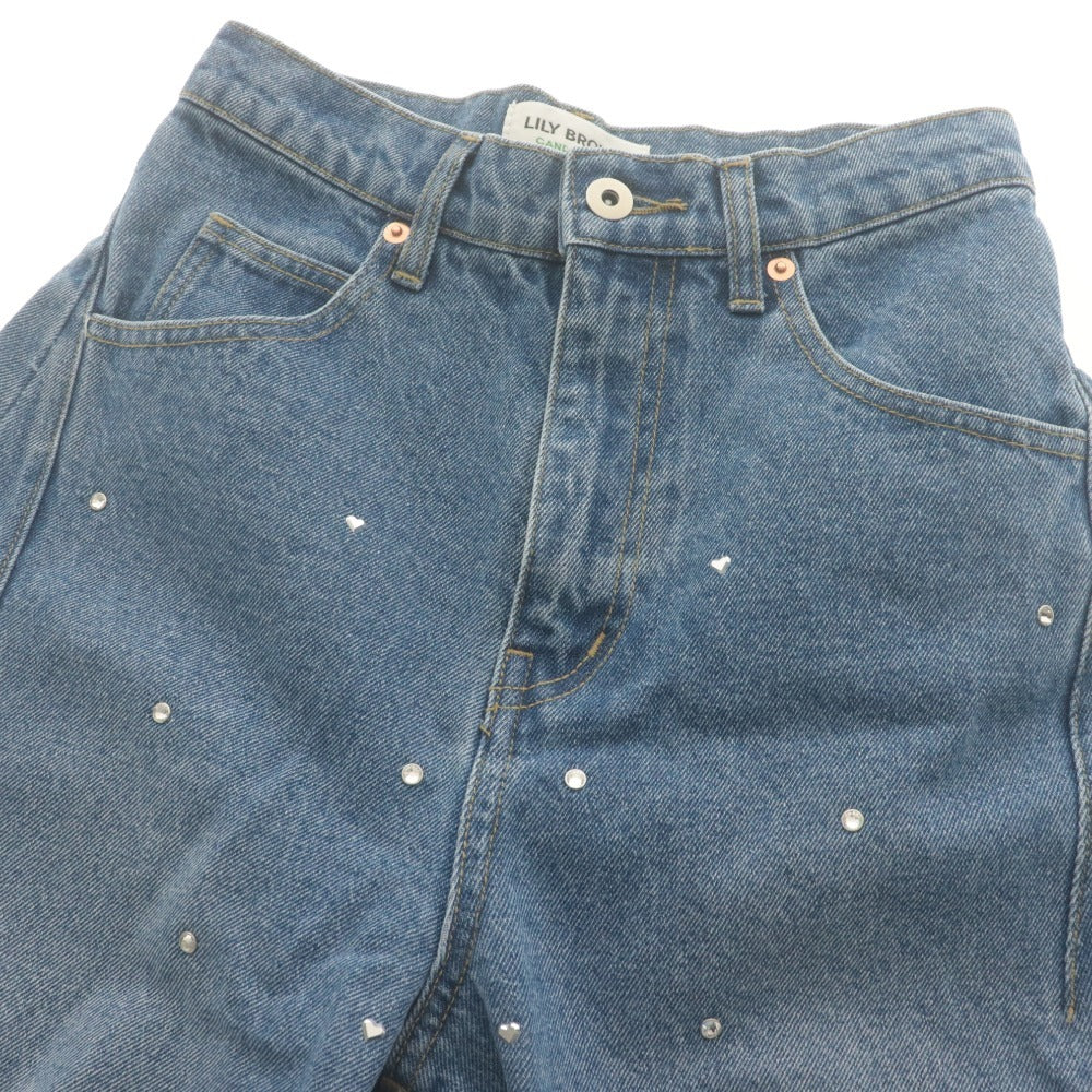 ■ Lily Brown CANDY STOCK デニムパンツ ハートビジューワイド ジーンズ ボトムス 綿 レディース 0 (S相当) ネイビー系 タグ付き 未使用