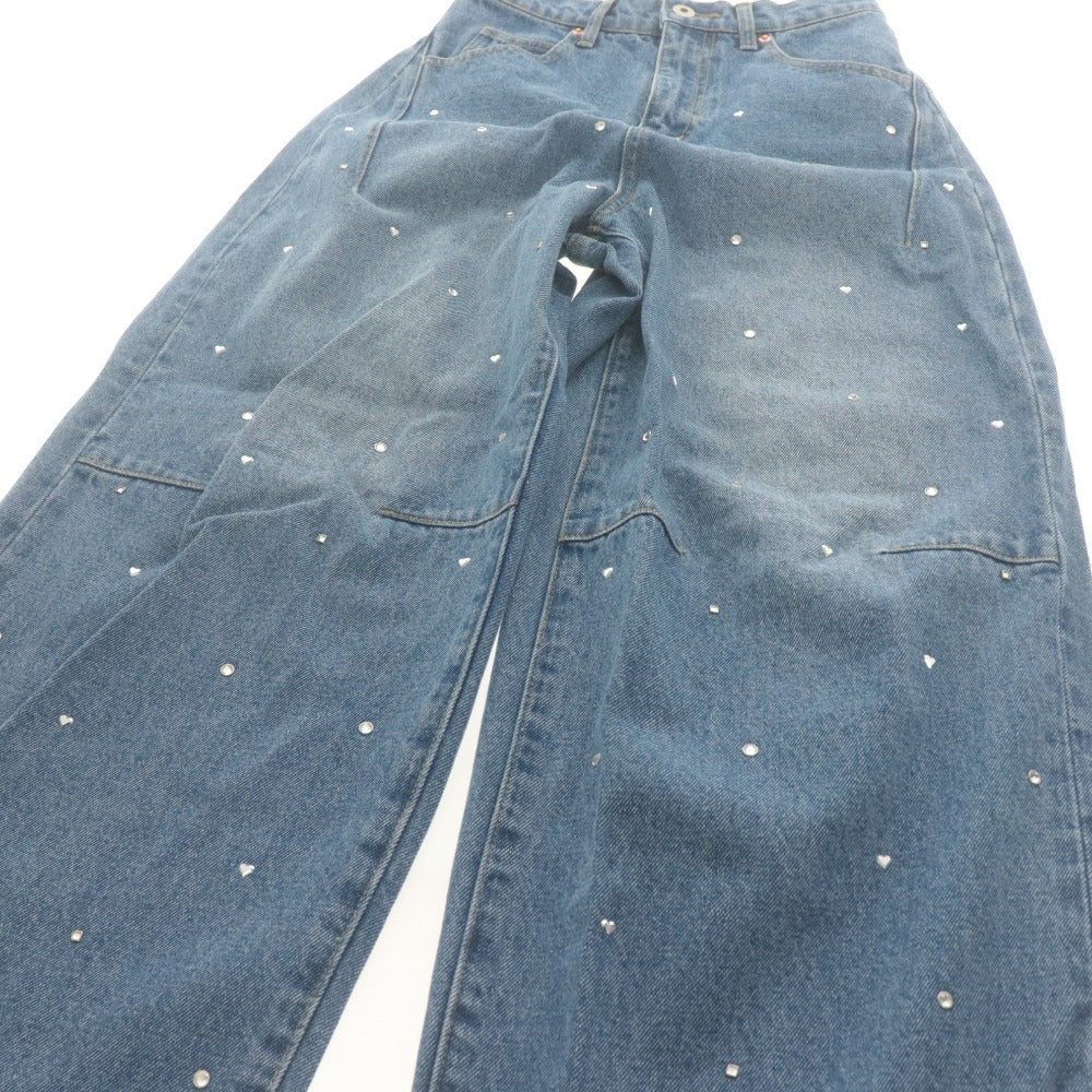 ■ Lily Brown CANDY STOCK デニムパンツ ハートビジューワイド ジーンズ ボトムス 綿 レディース 0 (S相当) ネイビー系 タグ付き 未使用