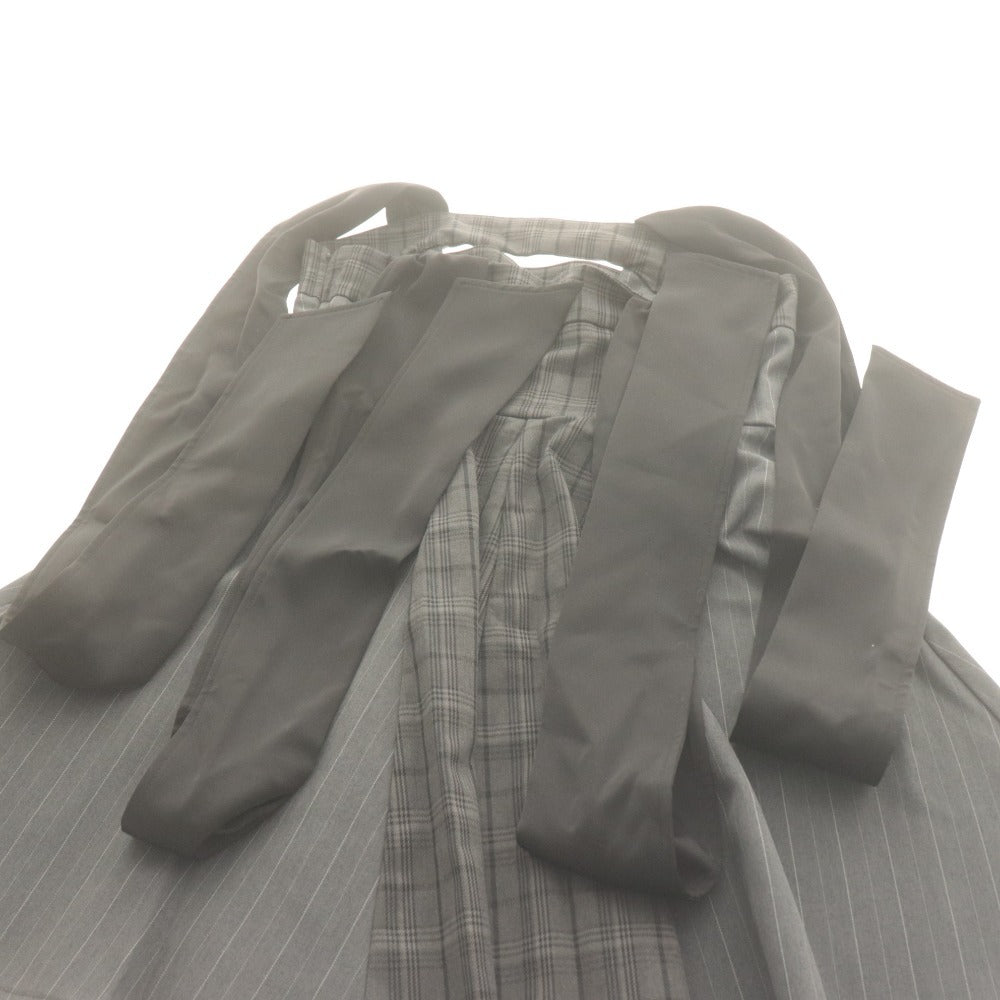 ■ amerge アメルジュ ワンピース ひざ丈 ショート ノースリーブ トップス 肩リボン 紐 チェック柄 レディース M グレー系 タグ付き未使用