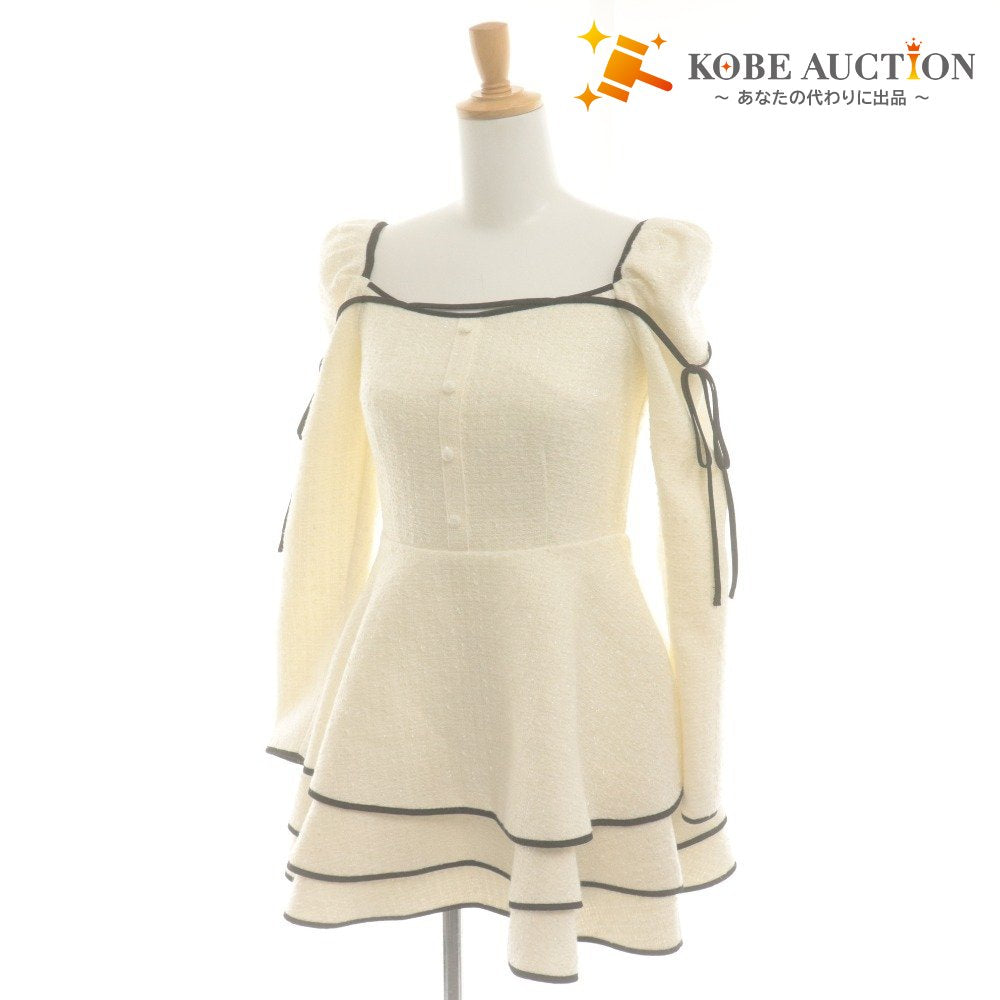 ■ M me eme エムミーエメ ドーリーワンピース 長袖 トップス ミニ ひざ丈 Ribbon trim tweed レディース F アイボリー タグ付き 未使用