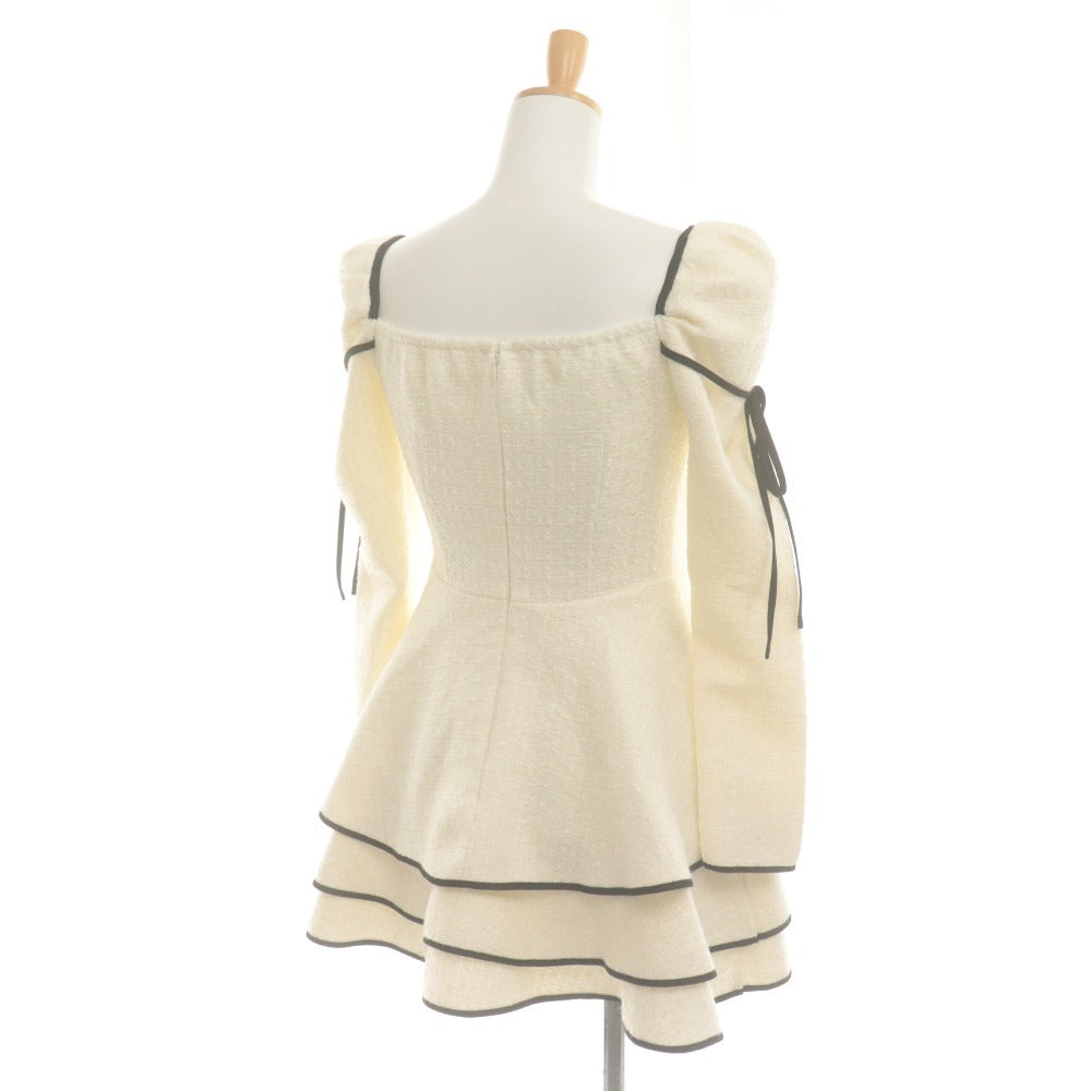 ■ M me eme エムミーエメ ドーリーワンピース 長袖 トップス ミニ ひざ丈 Ribbon trim tweed レディース F アイボリー タグ付き 未使用