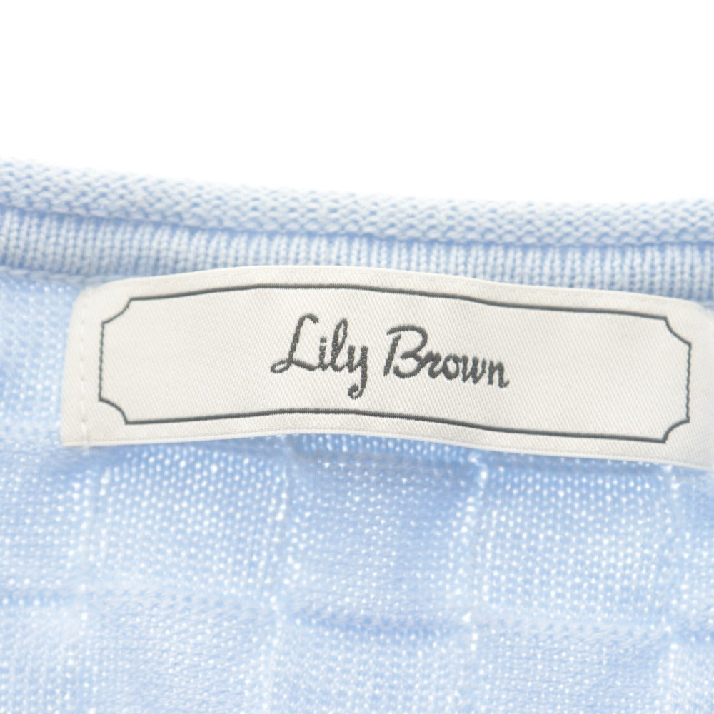 ■ LILY BROWN リリーブラウン カーディガン ショート 長袖 トップス ニット 格子模様 ラインストーン花ボタン レディース F ライトブルー