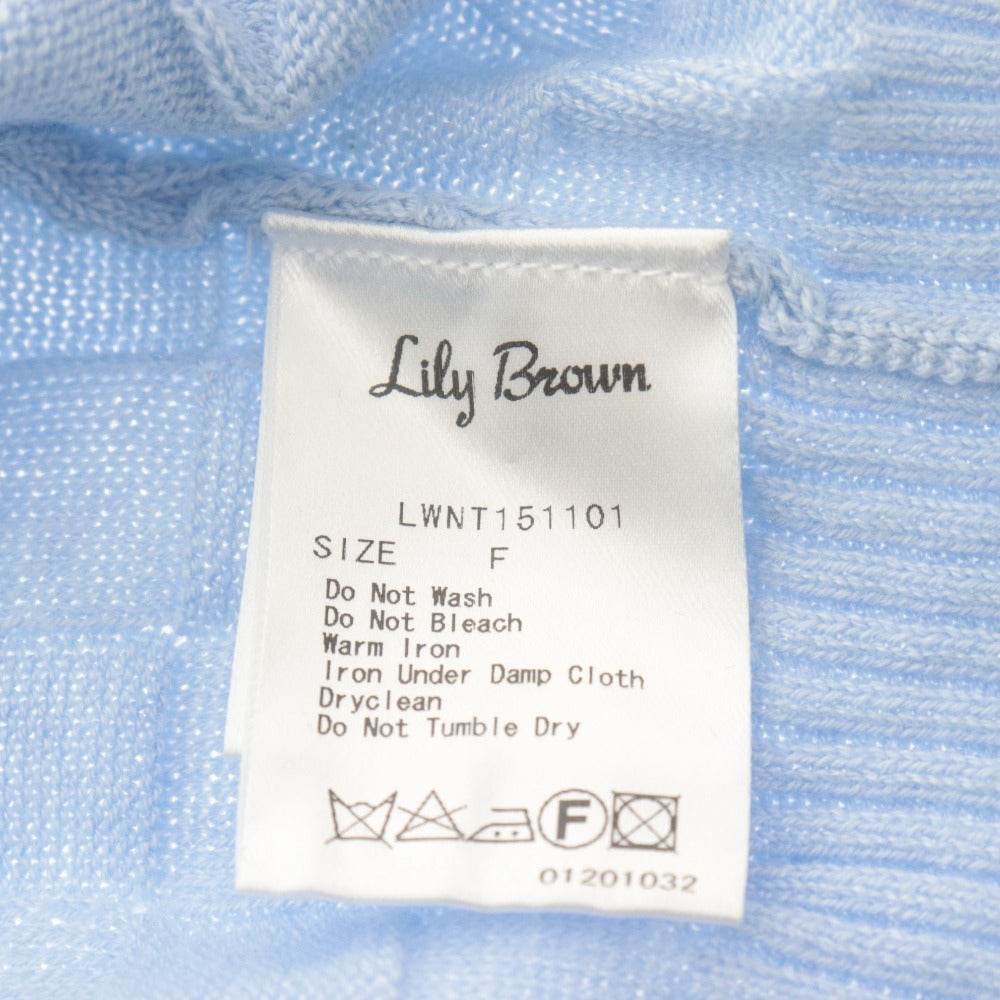 ■ LILY BROWN リリーブラウン カーディガン ショート 長袖 トップス ニット 格子模様 ラインストーン花ボタン レディース F ライトブルー