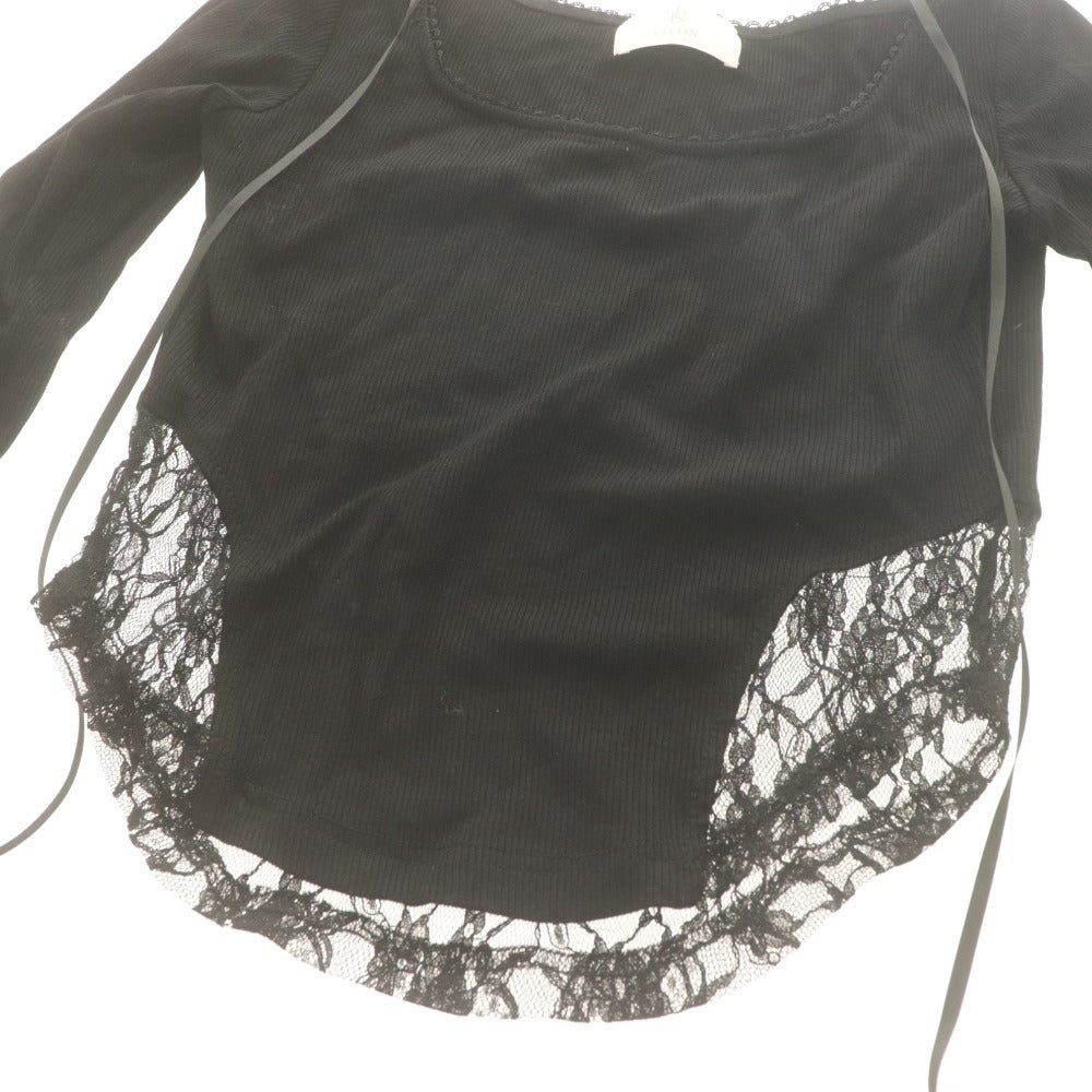 ■ YILON イロン カットソー ショート丈 長袖 トップス レース 韓国ファッション 胸紐 レディース F 黒 ブラック