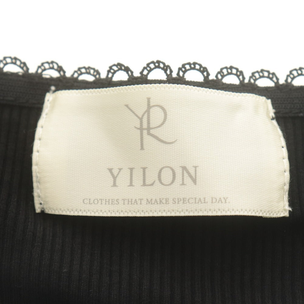 ■ YILON イロン カットソー ショート丈 長袖 トップス レース 韓国ファッション 胸紐 レディース F 黒 ブラック