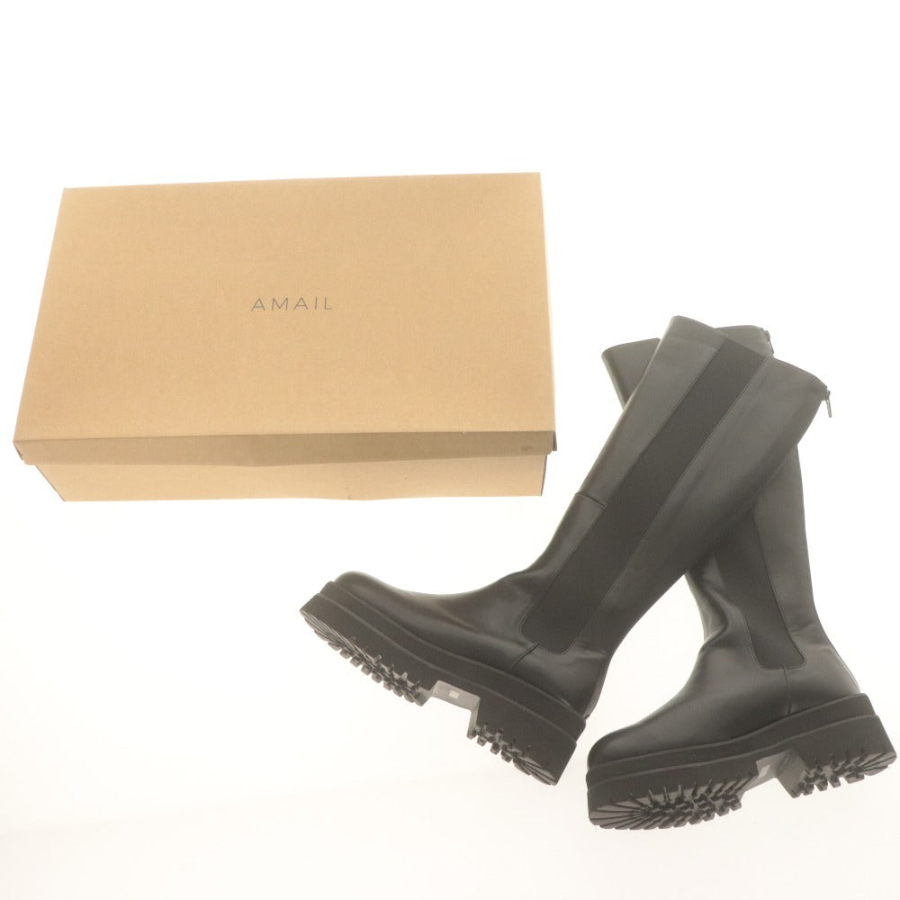 ■ AMAIL アマイル サイドゴアブーツ ロング 革靴 Side goa bulky longboots レザー ラウンド レディース L(24.5cm相当) 黒 箱付き