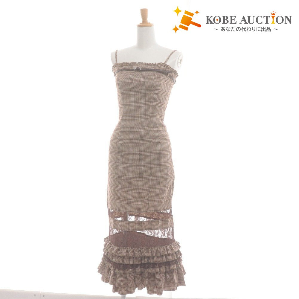 ■ YILON Long Dress Cami Lace Check Ruffles Belt Women's Free Size Brown Tones