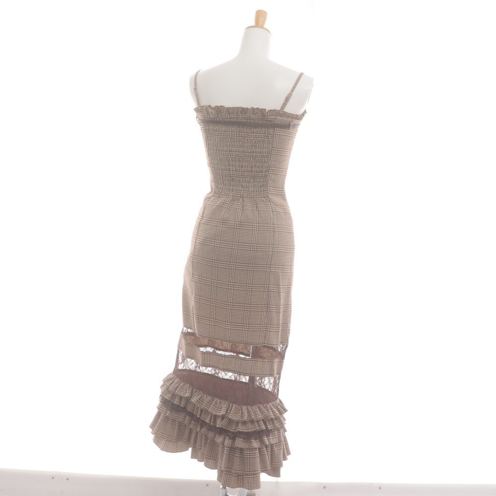 ■ YILON Long Dress Cami Lace Check Ruffles Belt Women's Free Size Brown Tones