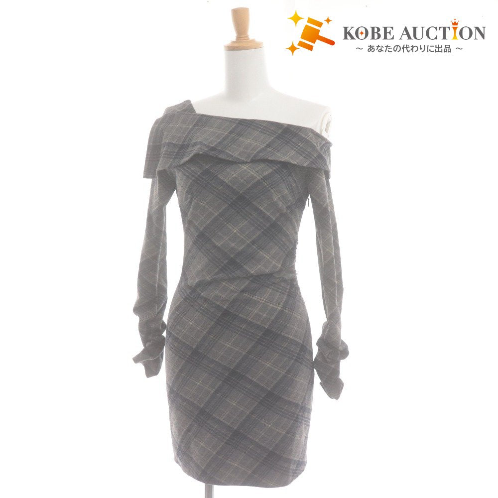 ■ YILON Mini Dress Off-Shoulder Shirring Check Tight Women's One Size Gray Unused