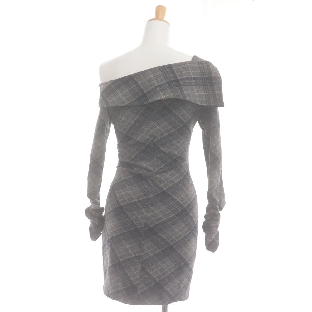 ■ YILON Mini Dress Off-Shoulder Shirring Check Tight Women's One Size Gray Unused