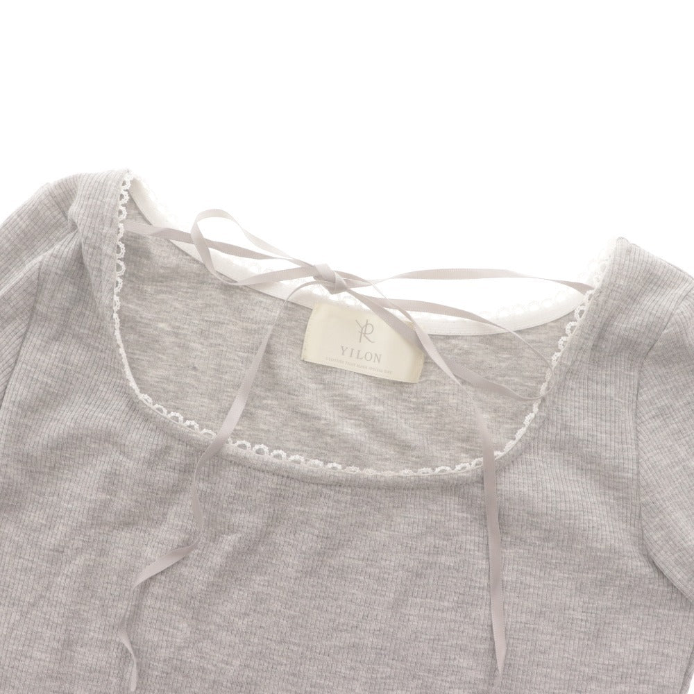 ■ YILON Cut and Sewn Long-Sleeve Top Lace Ribbed Women's One Size Gray