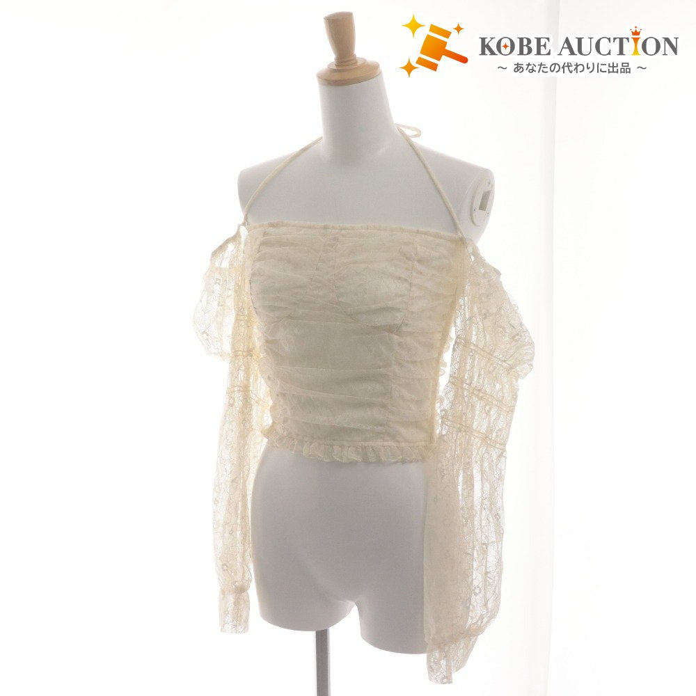■ YILON Off-the-Shoulder Top, Long Sleeves, Cropped Length, Shirring, Lace, Women's, One Size, Ivory/Light Beige