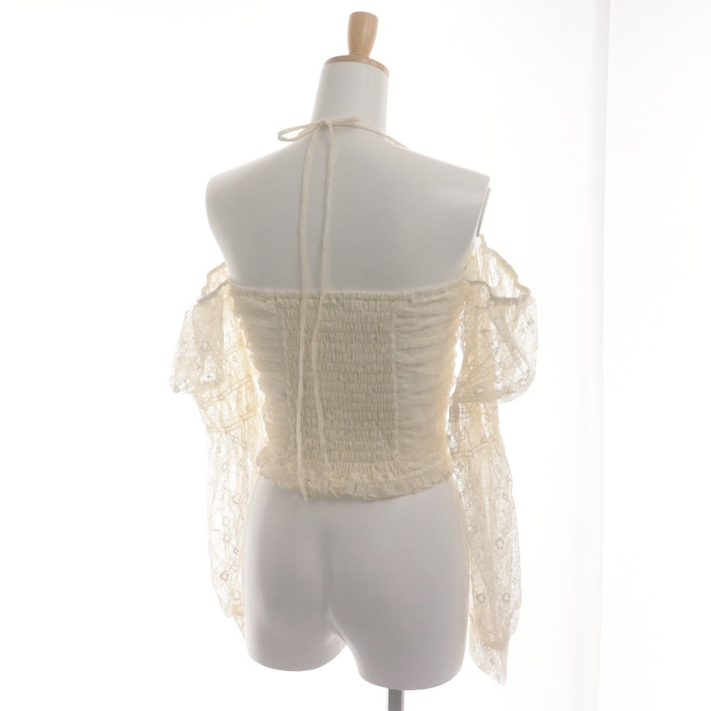 ■ YILON Off-the-Shoulder Top, Long Sleeves, Cropped Length, Shirring, Lace, Women's, One Size, Ivory/Light Beige