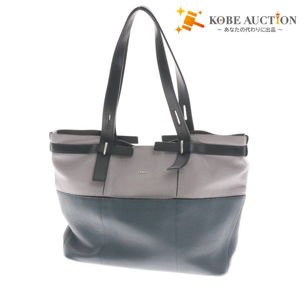 ■ FURLA フルラ ハンドバッグ トートバッグ 鞄 マグネット ファスナー ポケット メンズ レディース ブラック ダークグレー 袋付き