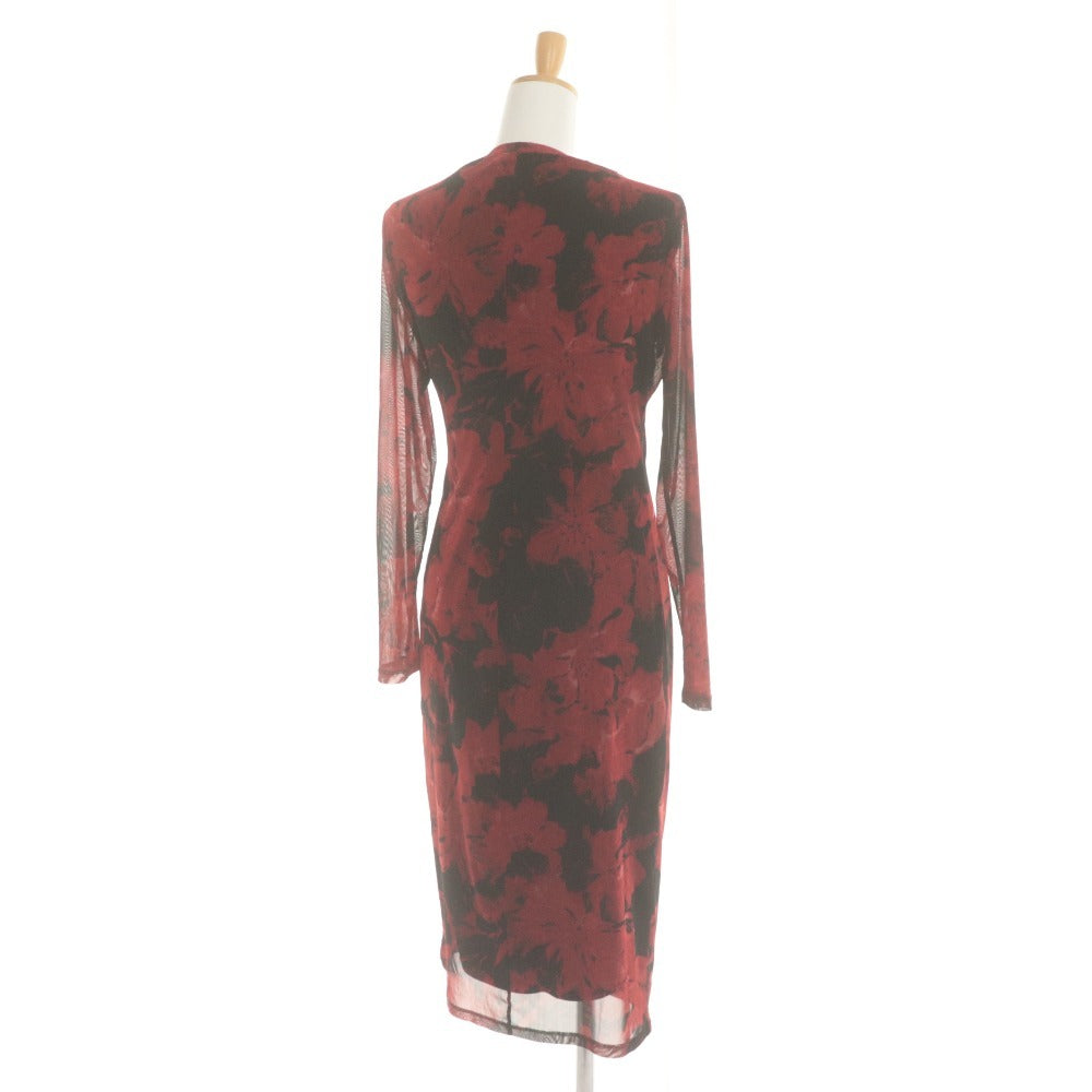 NINE WEST Long Dress, Long Sleeves, All-Over Print, Women's, Size S, Red, Black