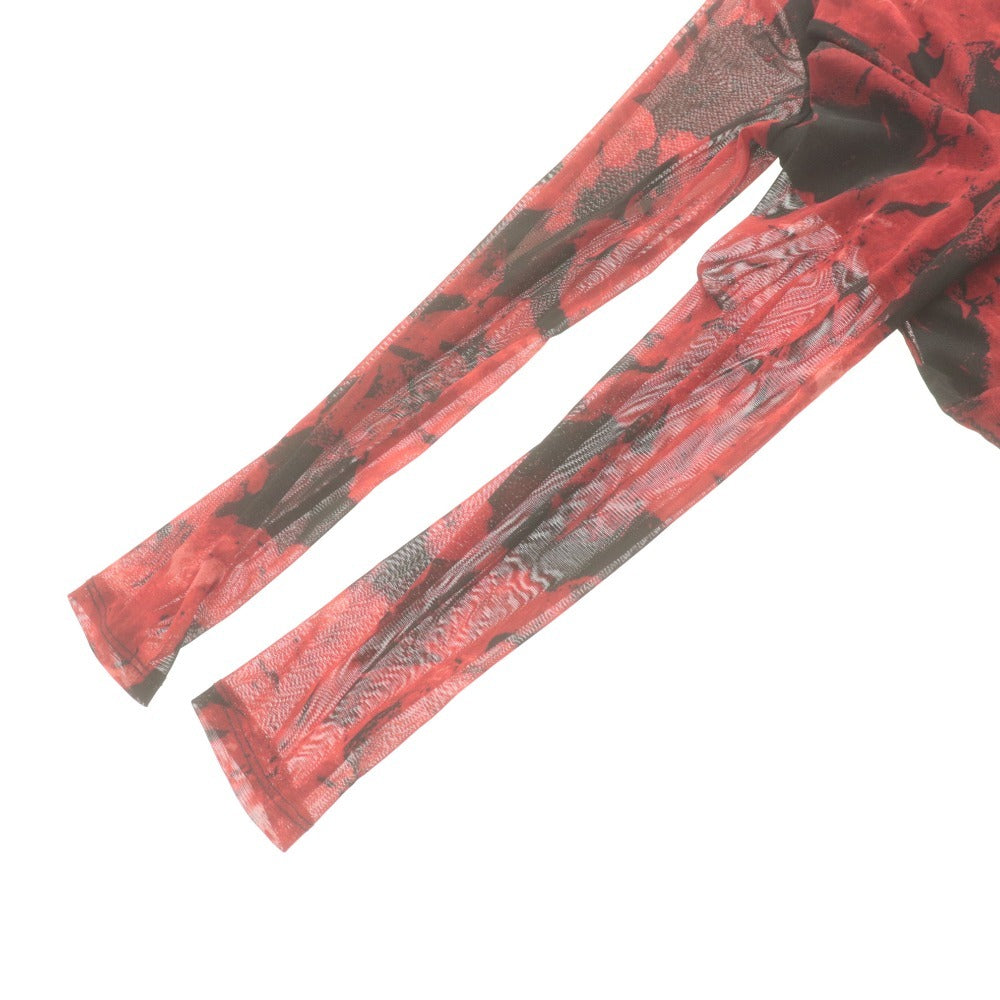 NINE WEST Long Dress, Long Sleeves, All-Over Print, Women's, Size S, Red, Black