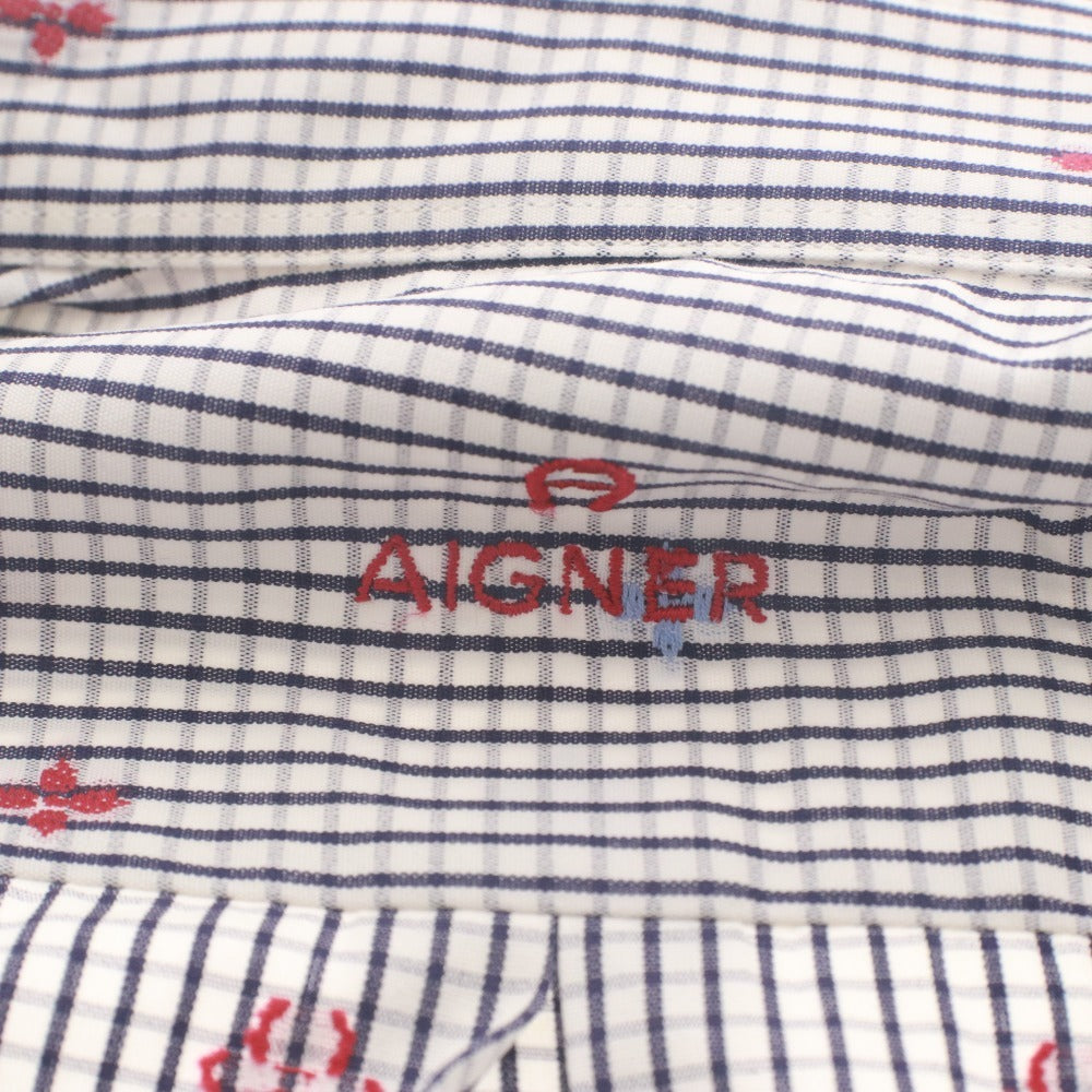 ■ AIGNER アイグナー シャツ トップス 長袖 襟 ボタン 総柄 胸ポケット メンズ 39 ライトグレー系 未使用