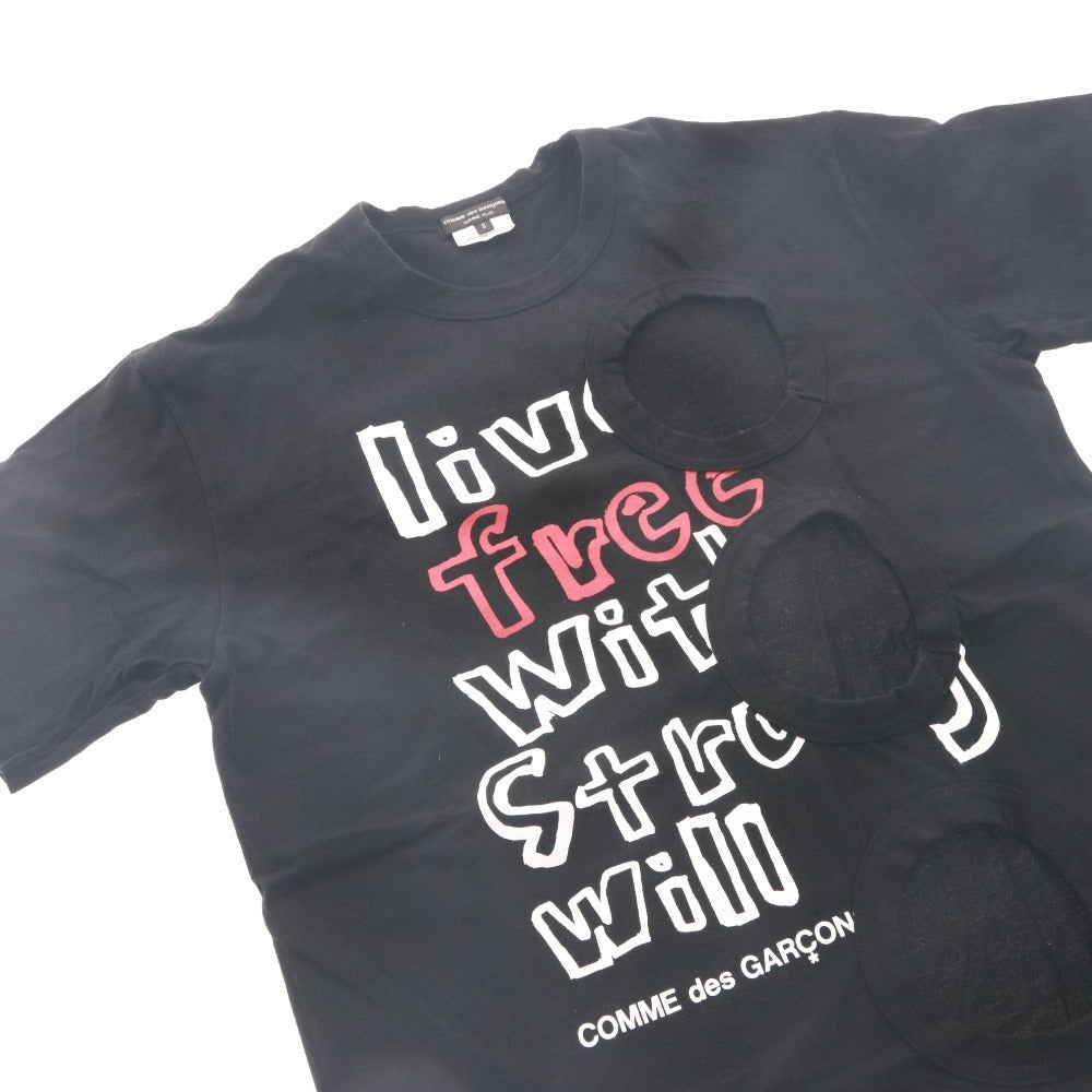 ■ コムデギャルソンオムプリュス Tシャツ 半袖 トップス 日本製 メッセージ カットソー ホーリー切り抜き 穴空き メンズ M ブラック系