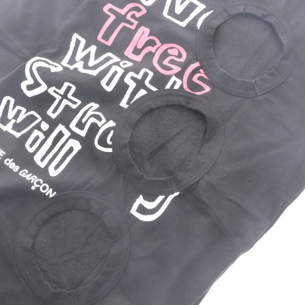 ■ コムデギャルソンオムプリュス Tシャツ 半袖 トップス 日本製 メッセージ カットソー ホーリー切り抜き 穴空き メンズ M ブラック系