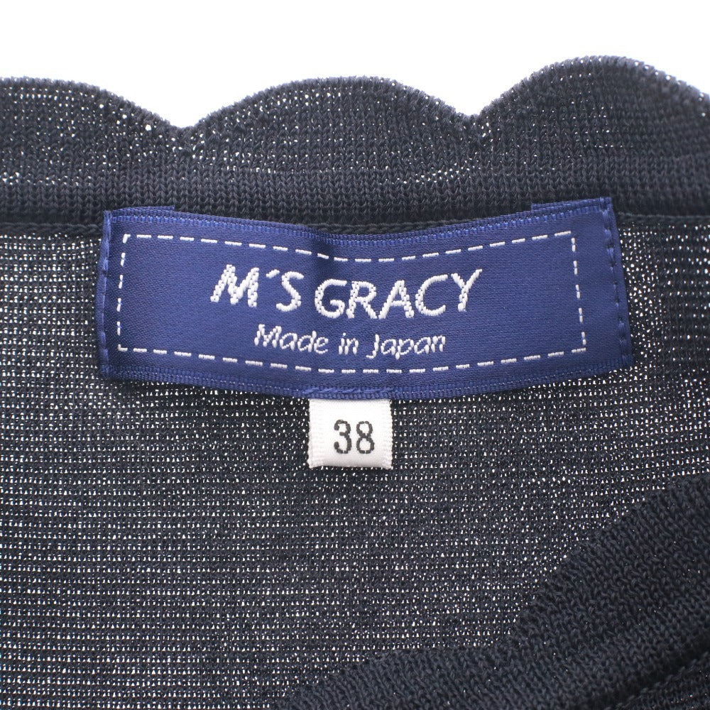■ エムズグレイシー M'S GRACY ニット 半袖 トップス パフスリーブ リブ スカラップ 日本製 レディース 38(M相当） ネイビー 未使用