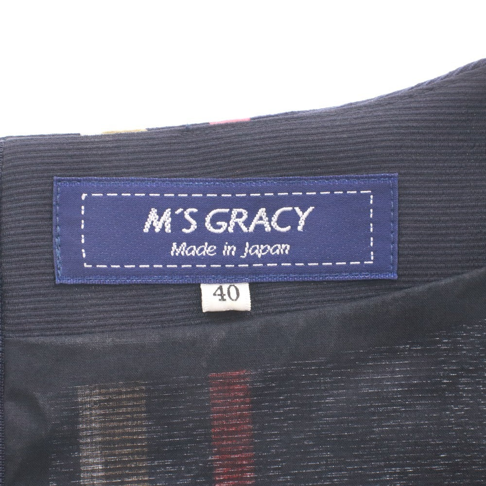 ■ エムズグレイシー M'S GRACY ワンピース ひざ丈 半袖 ベルト付き タック ライン レディース 40(L相当）ネイビー系 未使用