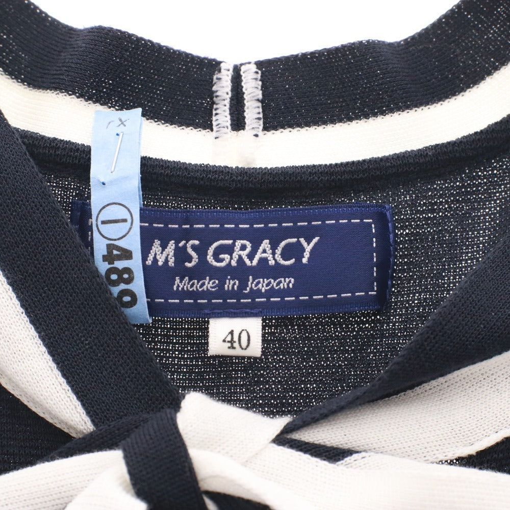 ■ エムズグレイシー M'S GRACY ワンピース 半袖 ニット ライン 日本製 レディース 40(L相当）ネイビー系