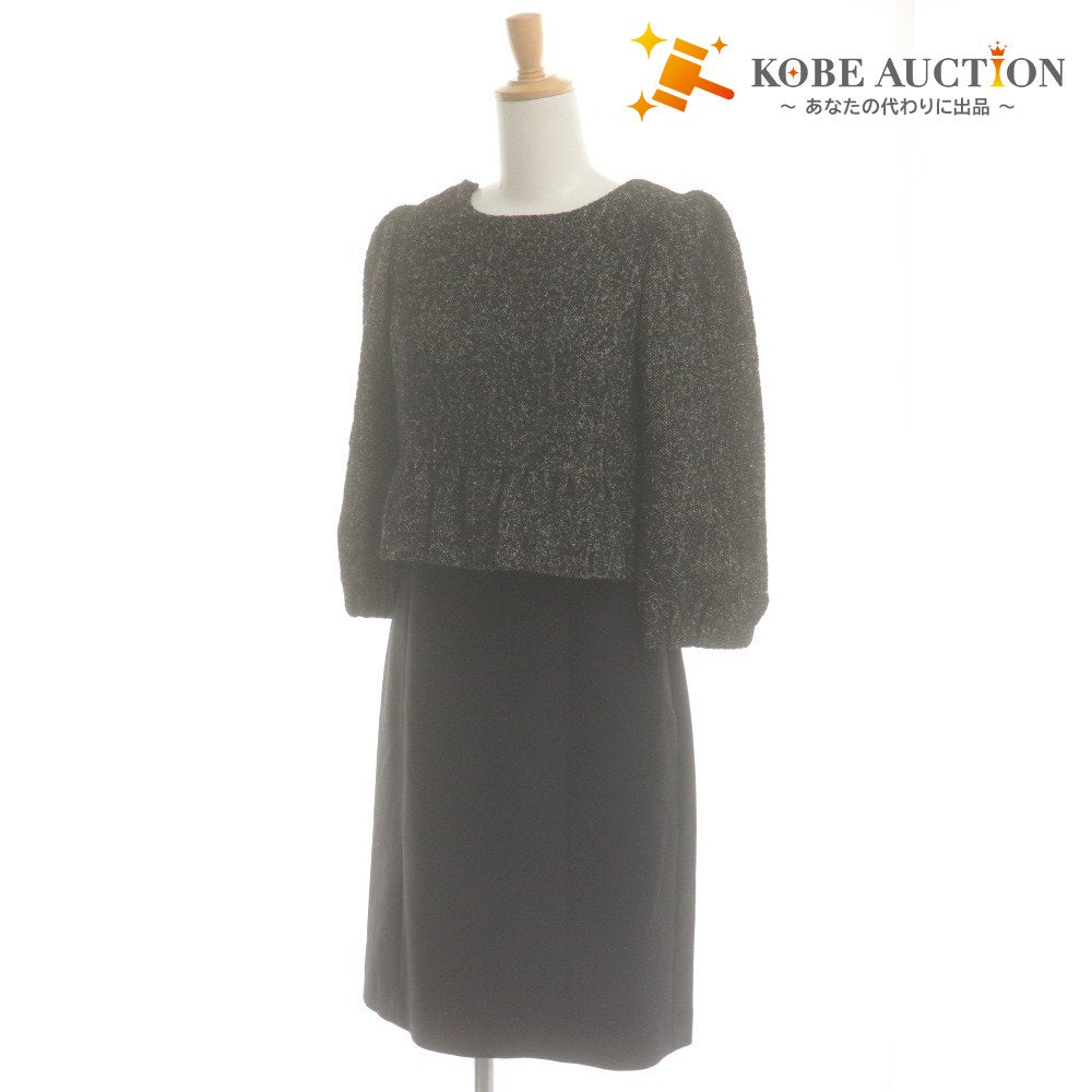 ■ M'S GRACY Dress 3/4 Sleeve Top Bottom Contrast Peplum Tweed Women's 38 Black-tone with Corsage