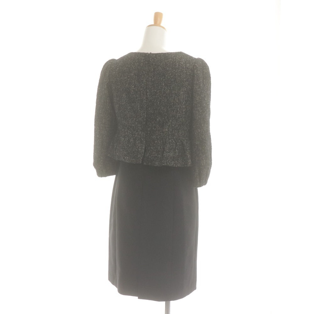 ■ M'S GRACY Dress 3/4 Sleeve Top Bottom Contrast Peplum Tweed Women's 38 Black-tone with Corsage